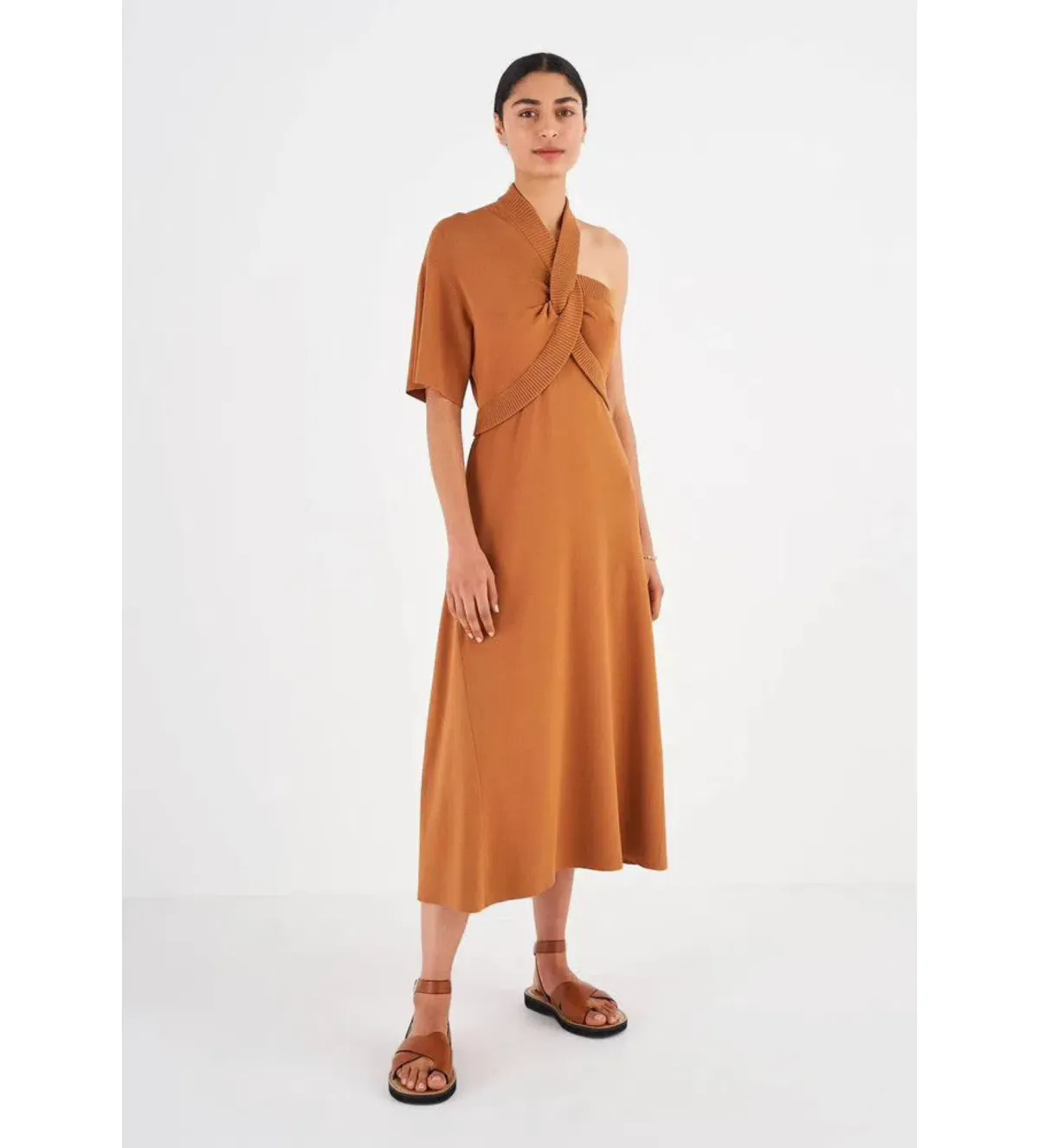 Oroton Asymptomatic Knit One Shoulder Midi Dress Toffee Size XS/AU 6 - Image 1