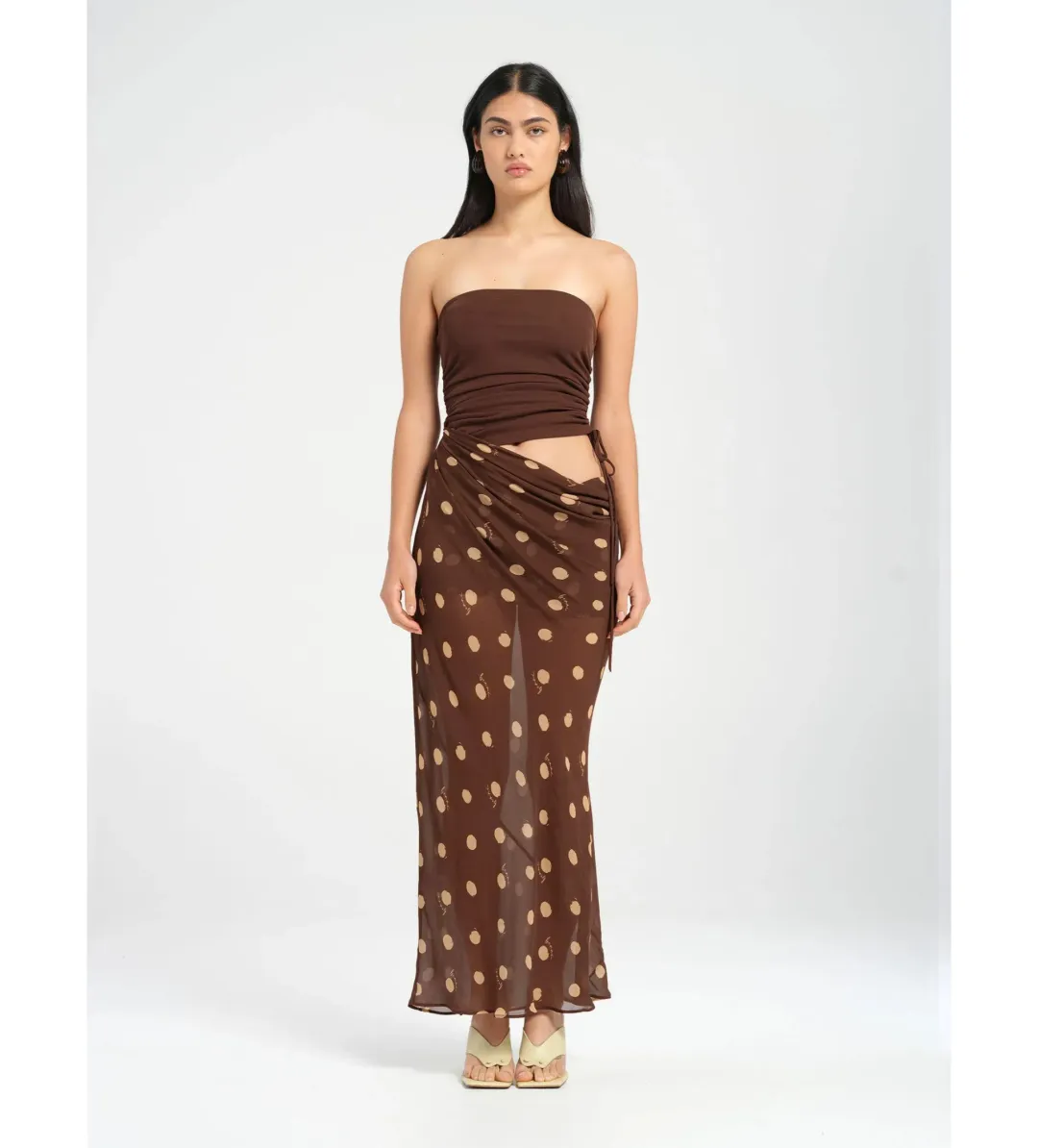BENNI Roscoe Maxi Dress Espresso Polka Dot Size AU 8 for rent on The Volte - main image