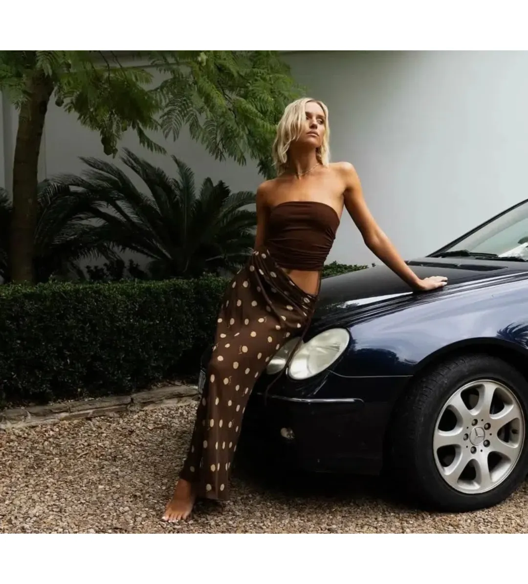 BENNI Roscoe Maxi Dress Espresso Polka Dot Size AU 8 for rent on The Volte - main image