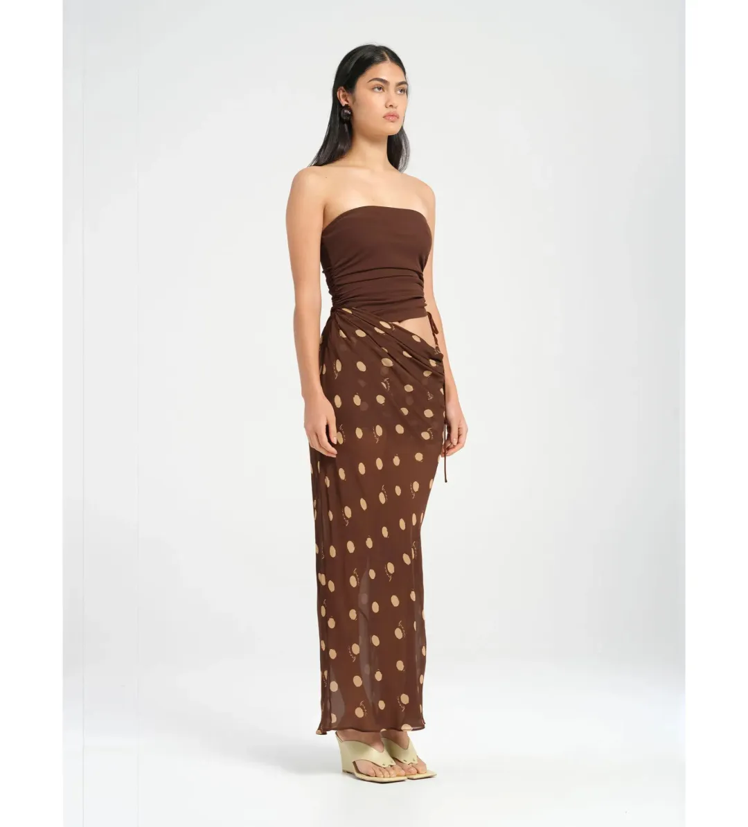 BENNI Roscoe Maxi Dress Espresso Polka Dot Size AU 8 for rent on The Volte - main image
