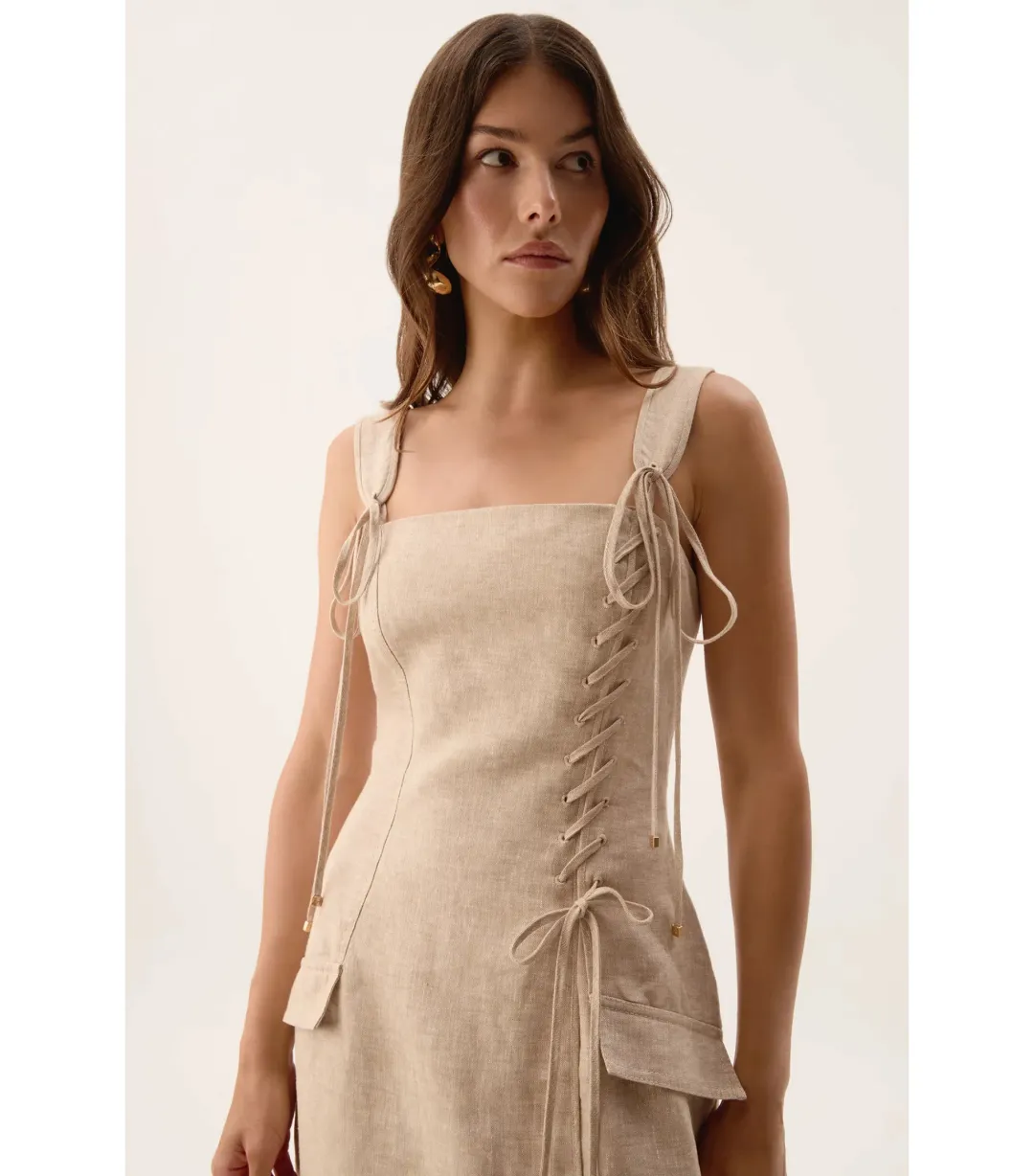 Aje Morgan Midi Dress Dune Beige Size 8/S for rent on The Volte - main image