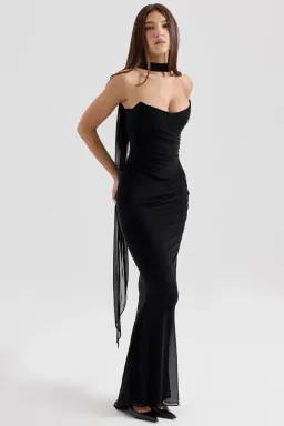 House of CB Black Hallie Strapless Corset With Neck Scarf & Cassidy Fluted Hem Maxi Skirt Set Size in Black XS / AU 6 for rent on The Volte - image 2