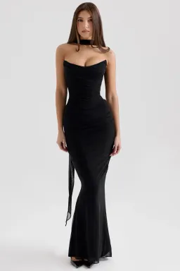 House of CB Black Hallie Strapless Corset With Neck Scarf & Cassidy Fluted Hem Maxi Skirt Set Size in Black XS / AU 6 for rent on The Volte - image 1