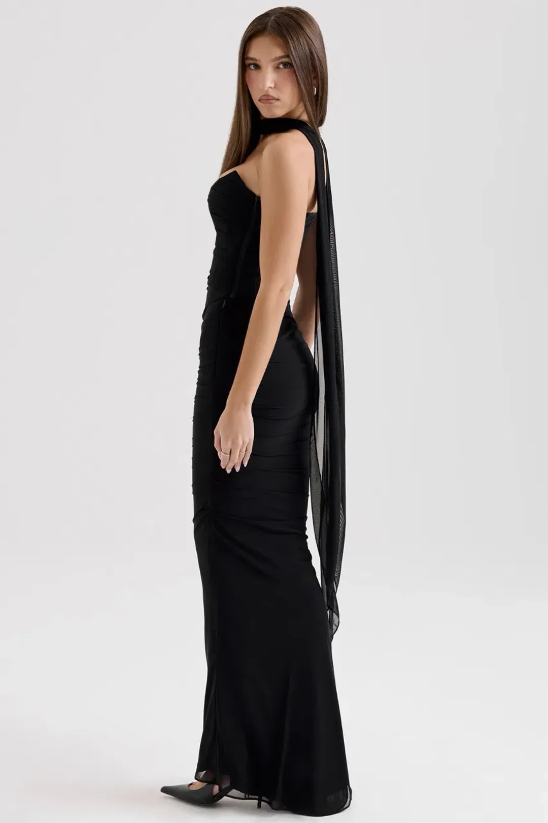 House of CB Black Hallie Strapless Corset With Neck Scarf & Cassidy Fluted Hem Maxi Skirt Set Size in Black XS / AU 6 for rent on The Volte - main image
