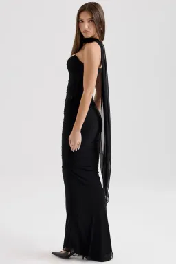 House of CB Black Hallie Strapless Corset With Neck Scarf & Cassidy Fluted Hem Maxi Skirt Set Size in Black XS / AU 6 for rent on The Volte - image 4