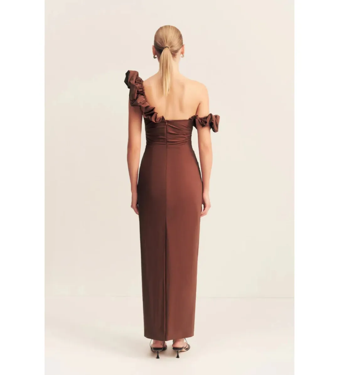 Shona Joy Cambell Ruffle Draped Maxi in Espresso Size 8 for rent on The Volte - main image