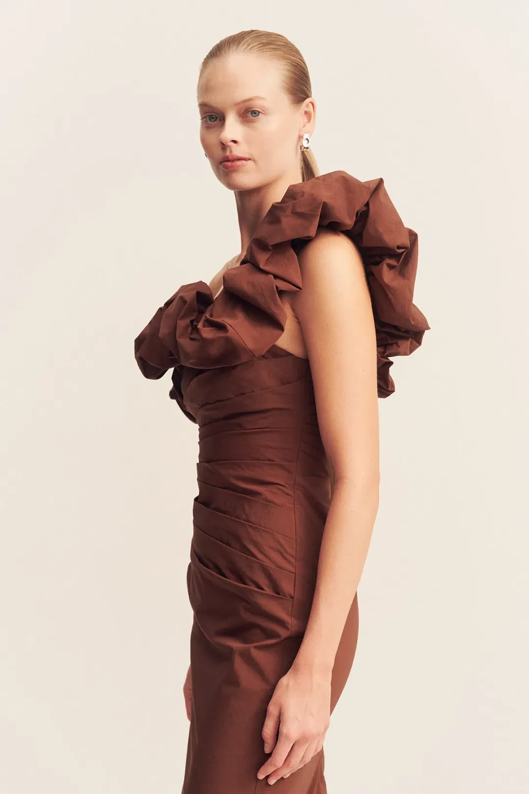 Shona Joy Campbell Ruffle Draped Maxi Dress in Espresso Size 14 for rent on The Volte - main image