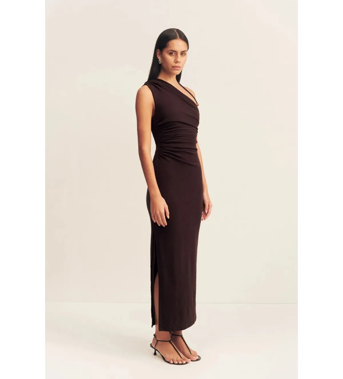 Shona Joy Beau Gathered Asymmetrical Midi Dress in Espresso Size XS / AU 6 - Image 2