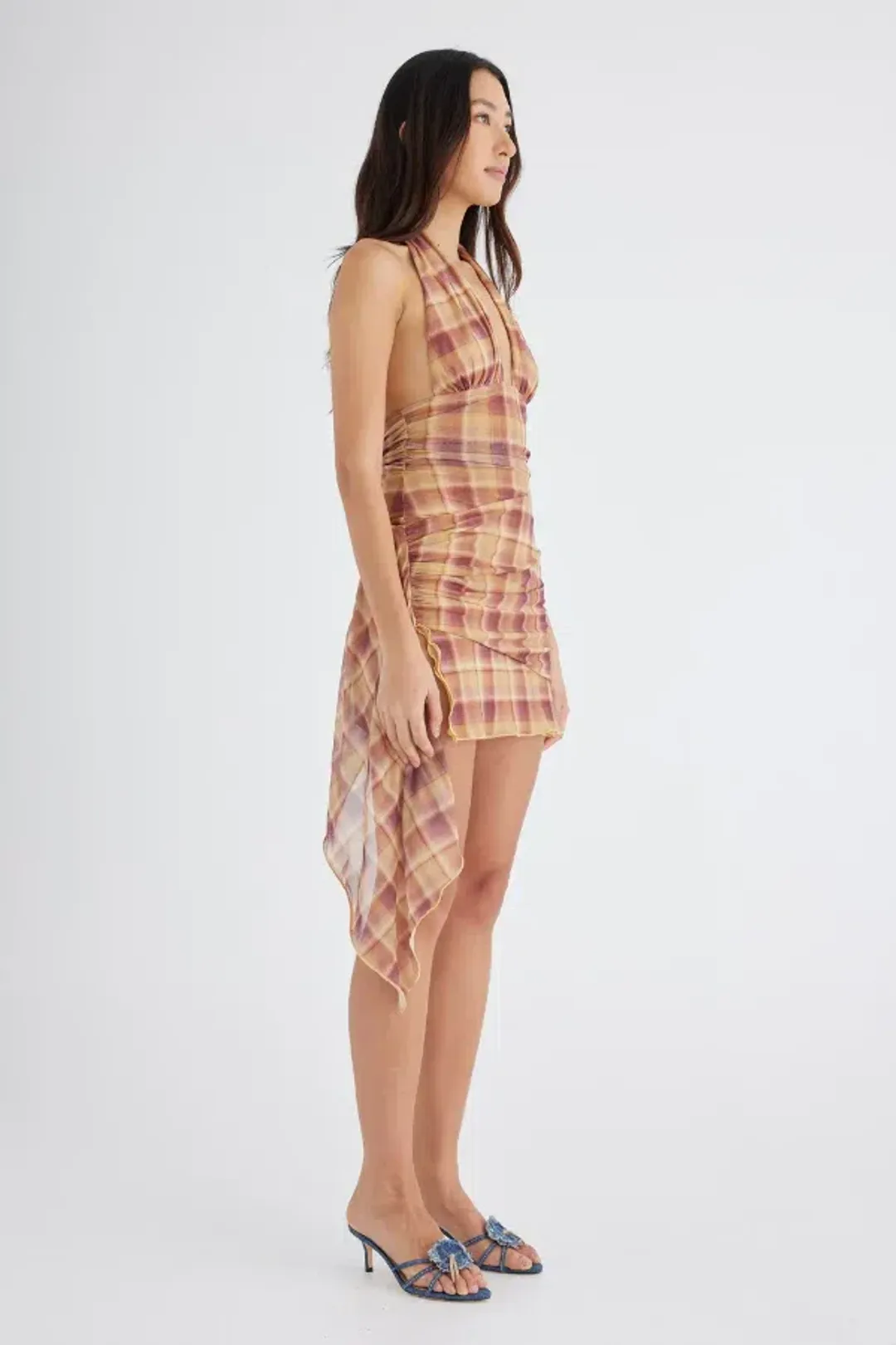 Benni Penelope Halter Mini Dress Toffee Check Size AU 6 for rent on The Volte - main image