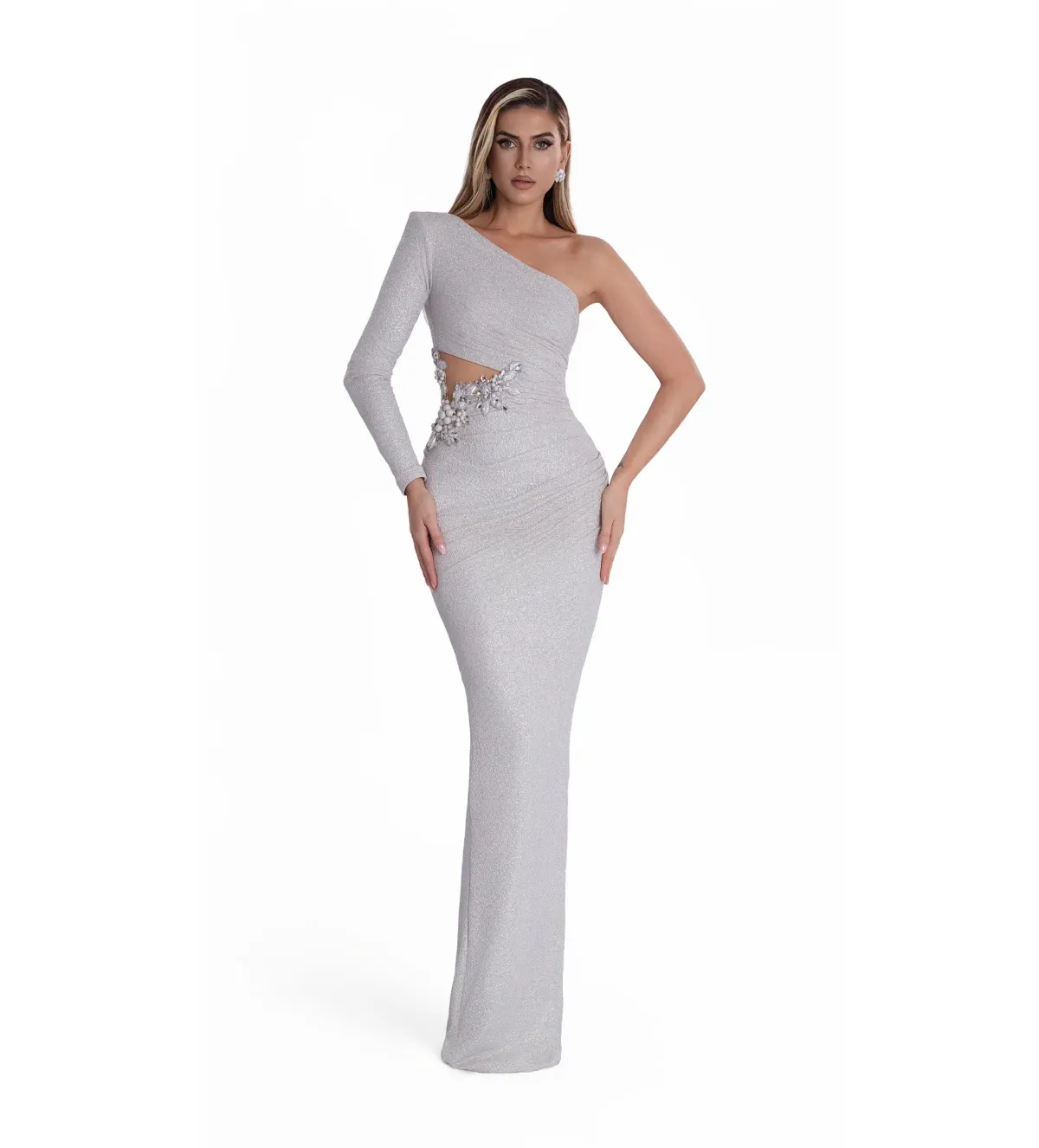 Albina Dyla Embellished One-Sleeve Gown in Crystal Size XS / AU 6 for rent on The Volte - main image