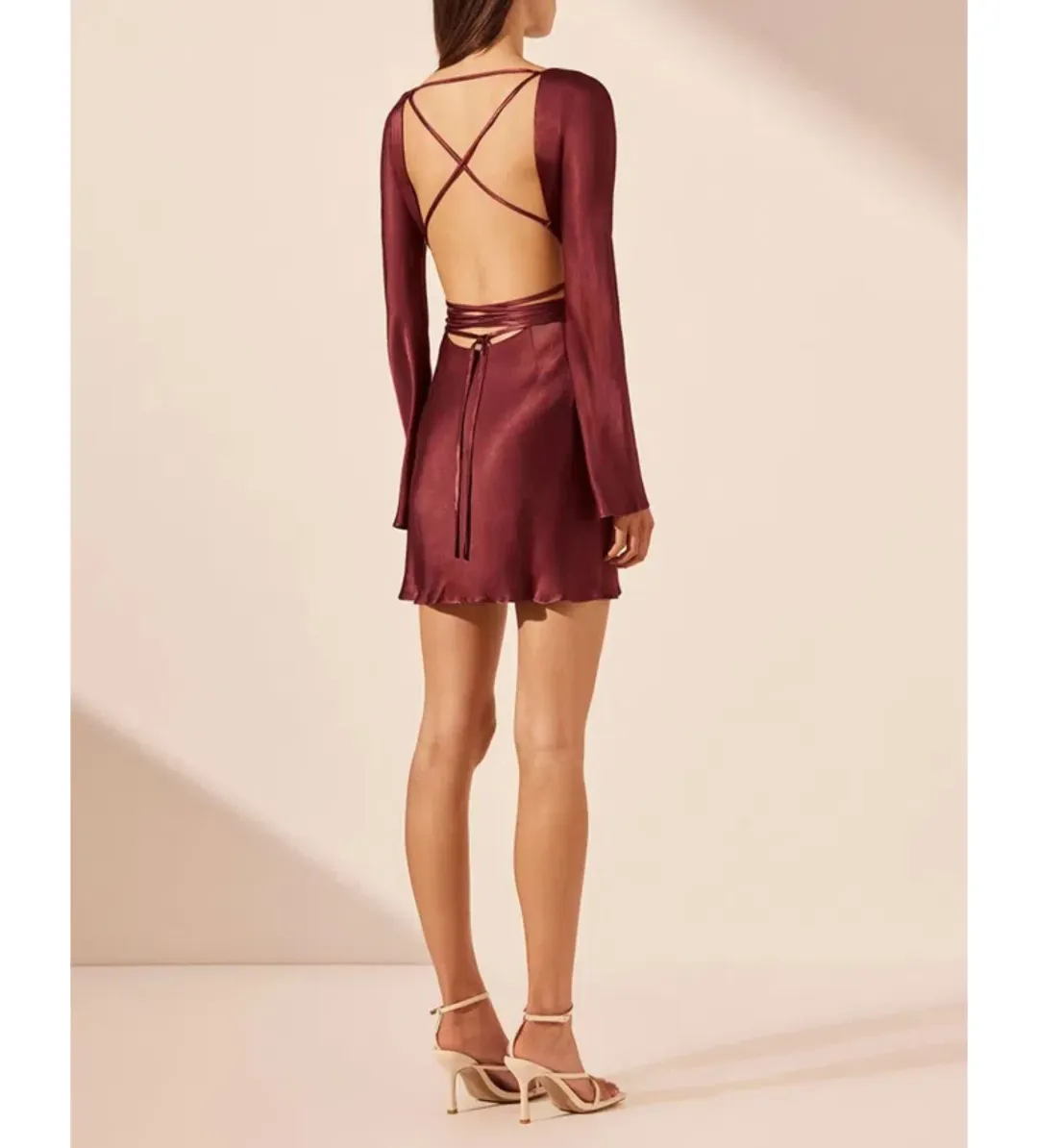 Shona Joy Elia Long Sleeve Open Back Tie Mini Dress Burgundy Size 10 for rent on The Volte - main image
