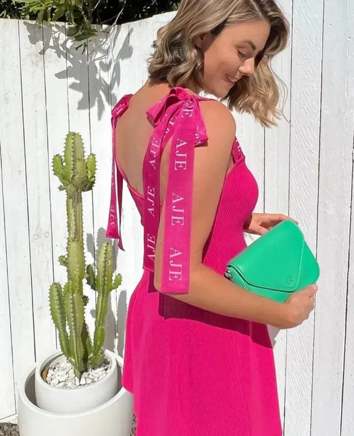 Aje Amber Knit Tie Shoulder Mini Dress Fuchsia Pink Size S AU 8 - Image 2