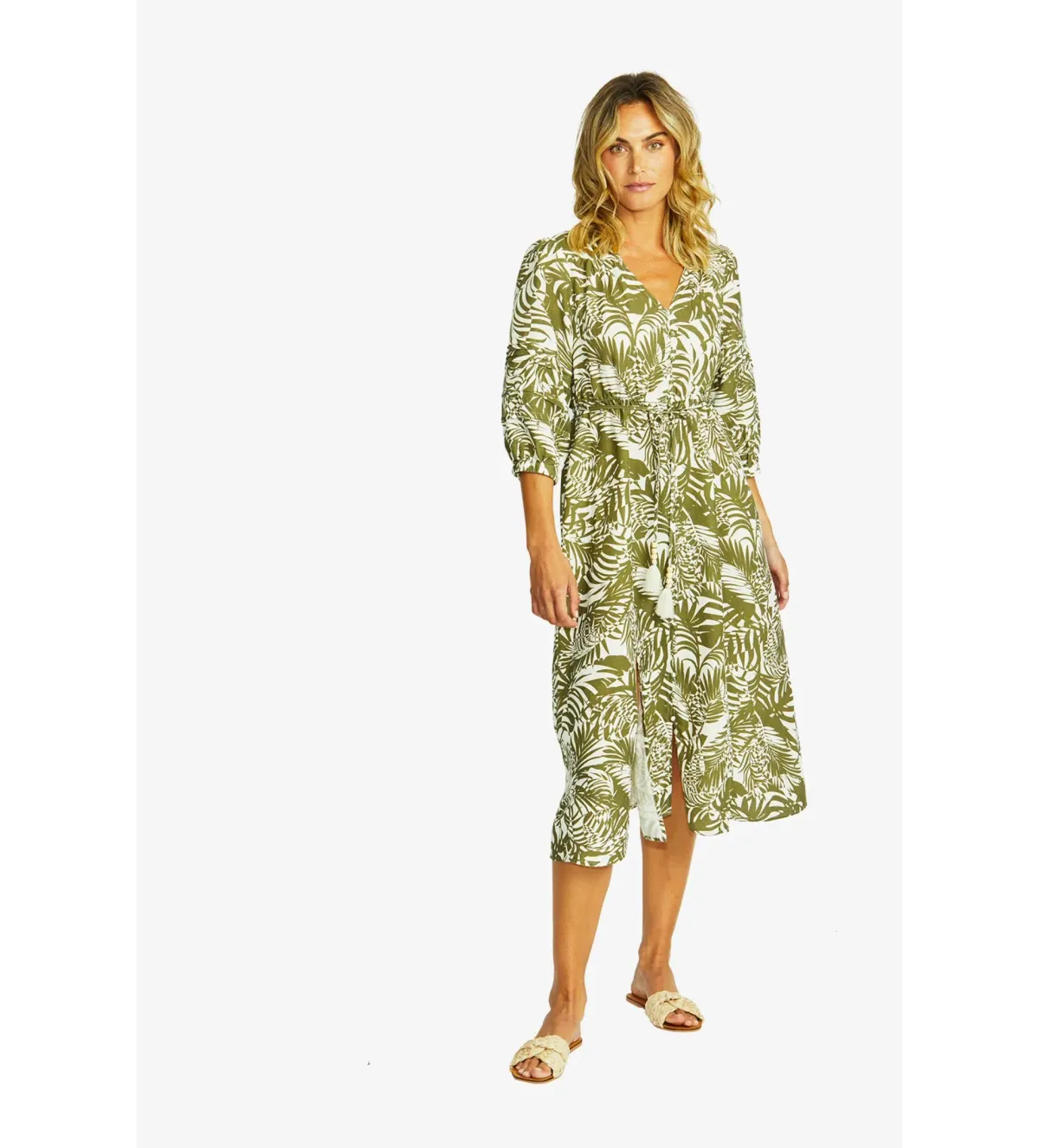 Ping Pong Flora V-Neck Button Midi Dress in Green Size 10/M - Image 2