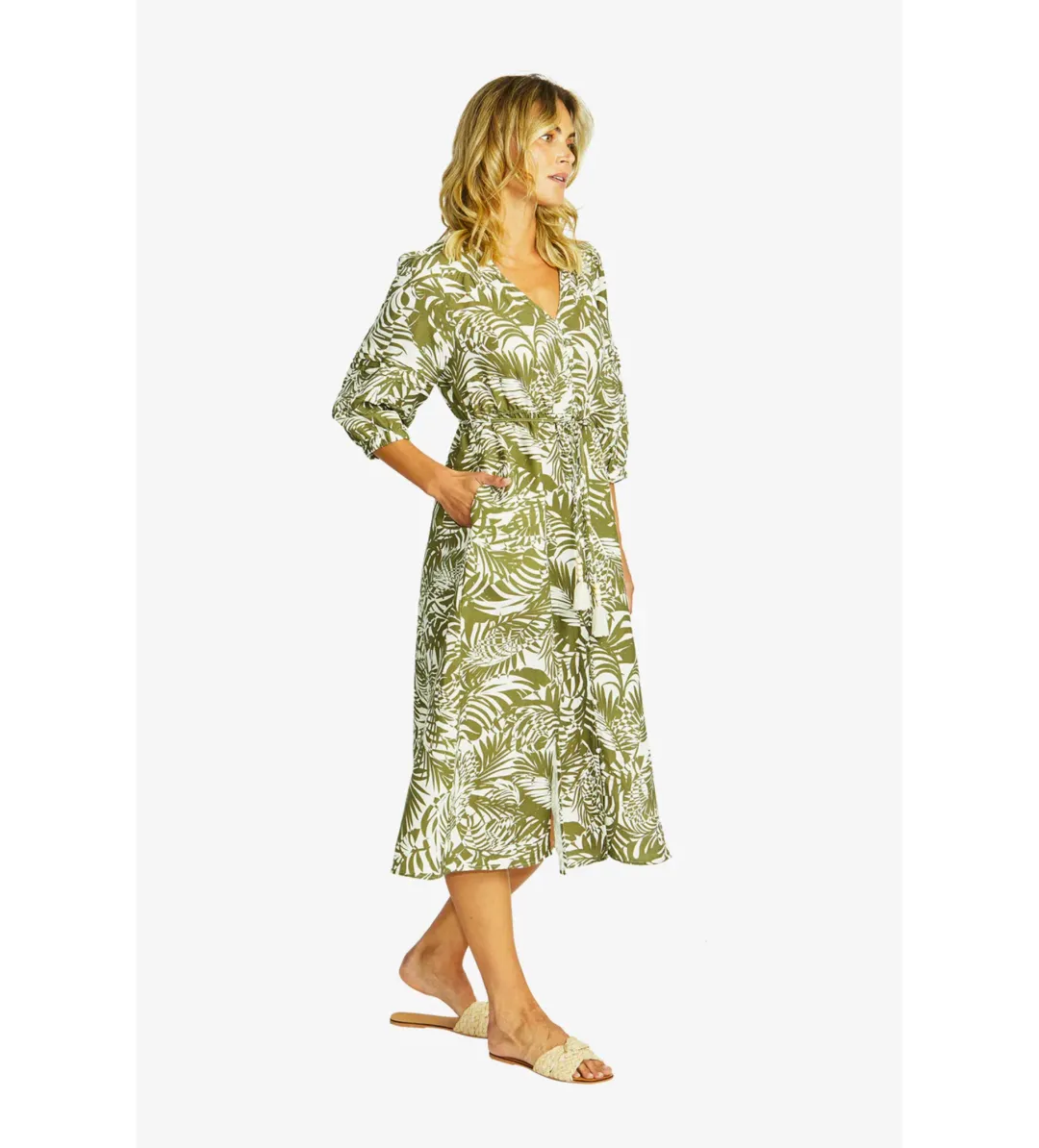 Ping Pong Flora V-Neck Button Midi Dress in Green Size 10/M for rent on The Volte - main image