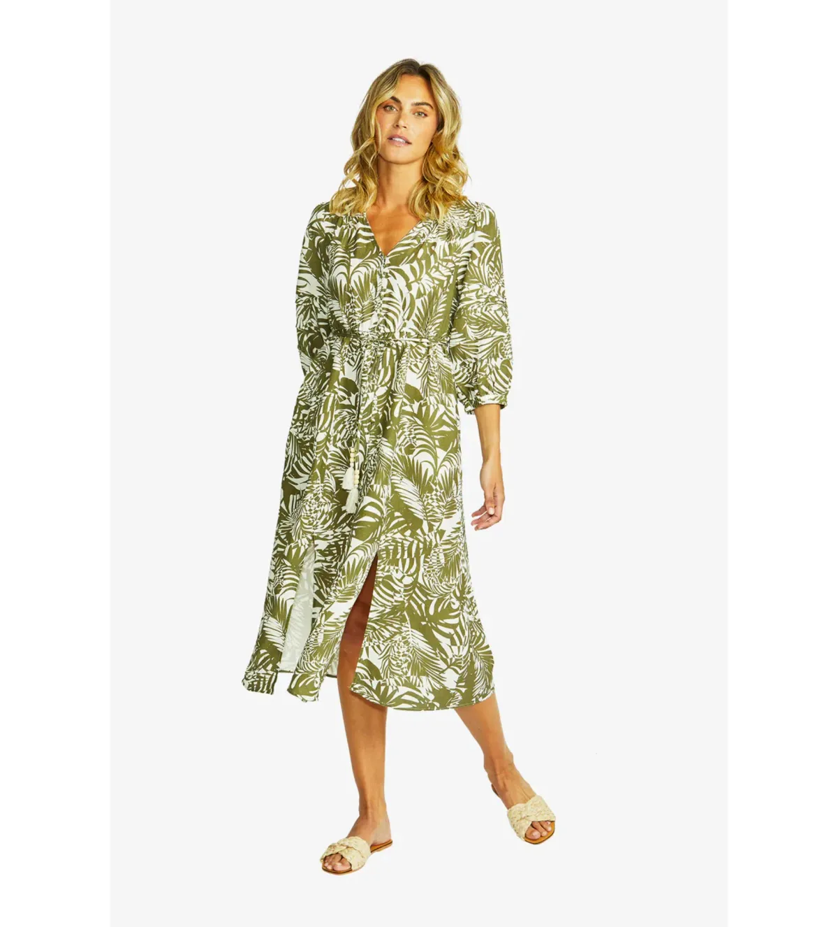 Ping Pong Flora V-Neck Button Midi Dress in Green Size 10/M - Image 1