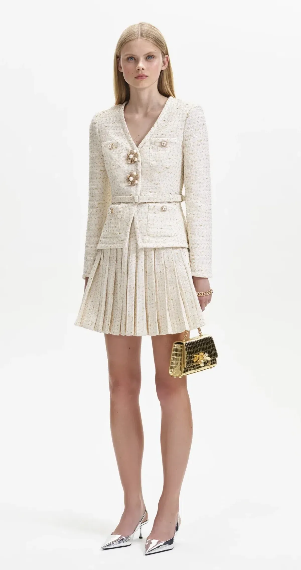Self-Portrait Cream Metallic Boucle Mini Jacket Dress Size AU 8 - Image 1