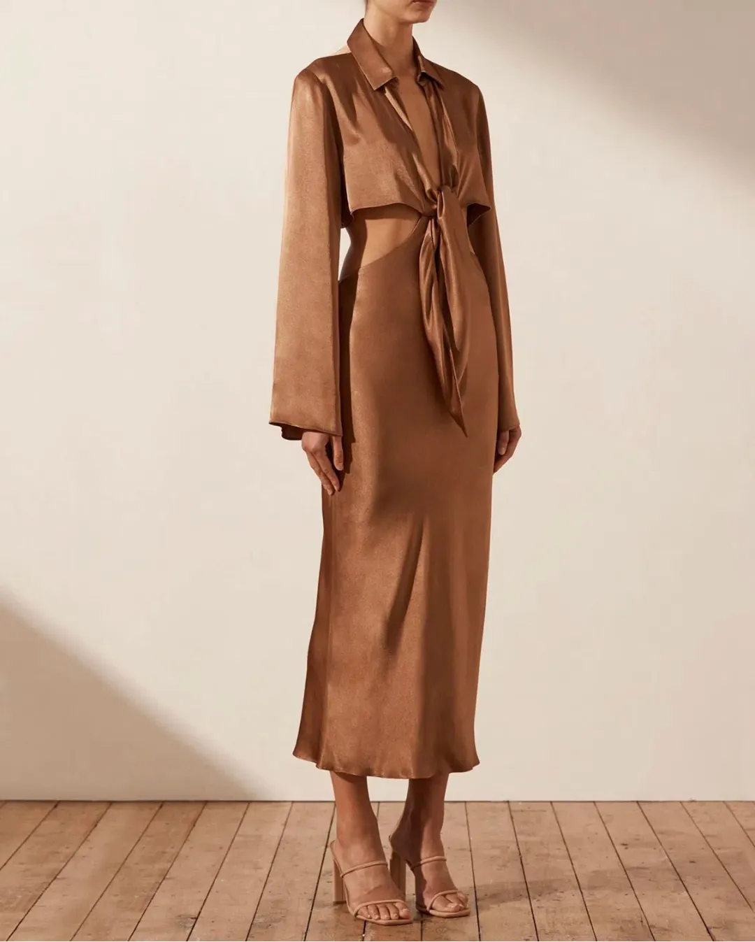 Shona Joy Felicity Long Sleeve Tie Front Midi Dress Brown Size S AU 8 for rent on The Volte - main image