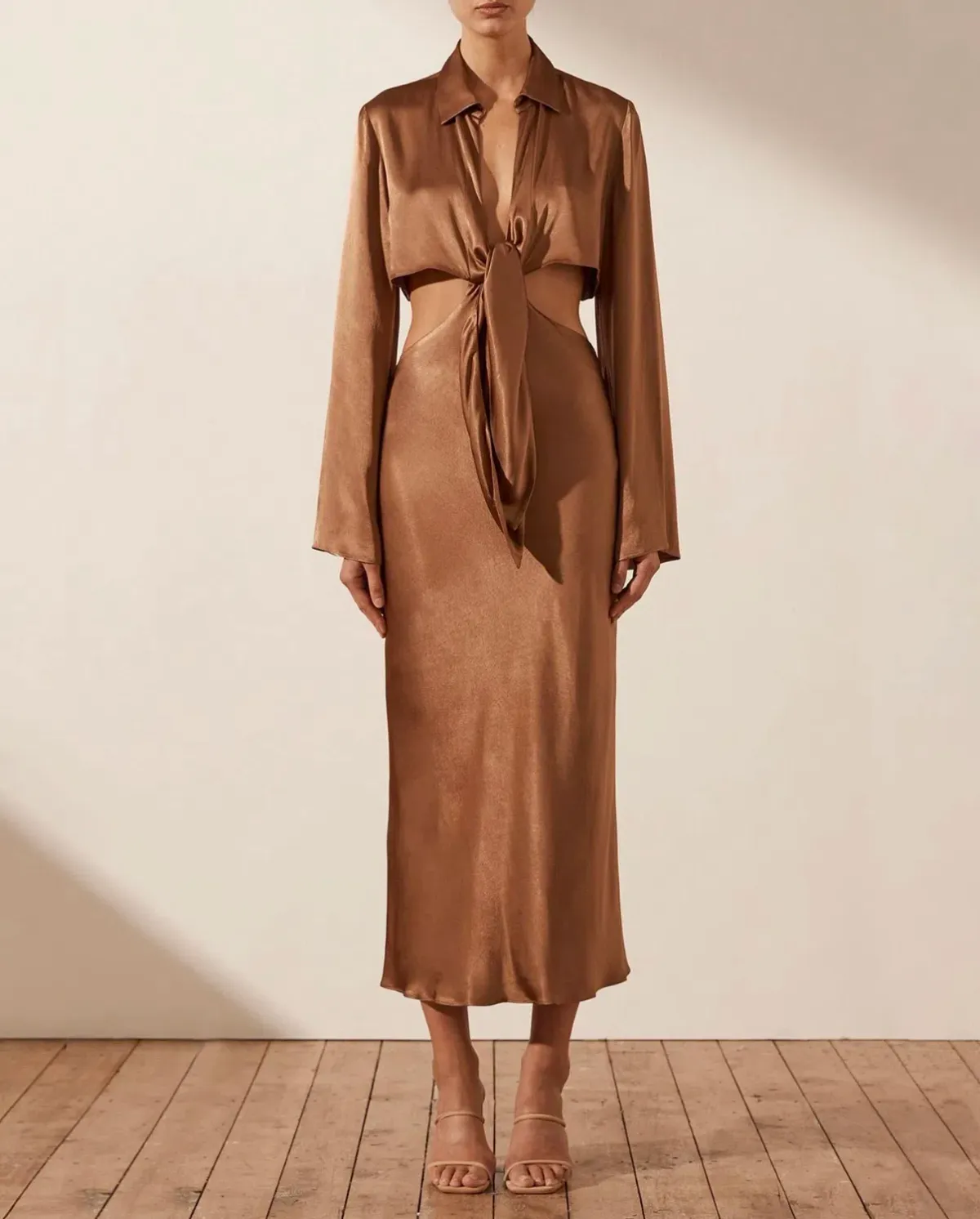 Shona Joy Felicity Long Sleeve Tie Front Midi Dress Brown Size S AU 8 for rent on The Volte - main image