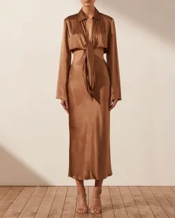 Shona Joy Felicity Long Sleeve Tie Front Midi Dress Brown Size S AU 8 for rent on The Volte - image 1