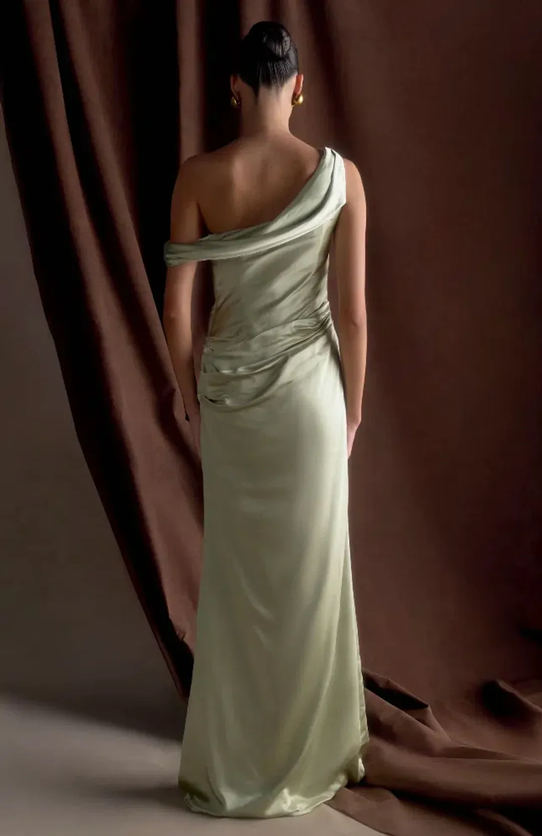 Meshki Dalia Off Shoulder Satin Maxi Dress Maxi Sage Size 8/S for rent on The Volte - main image