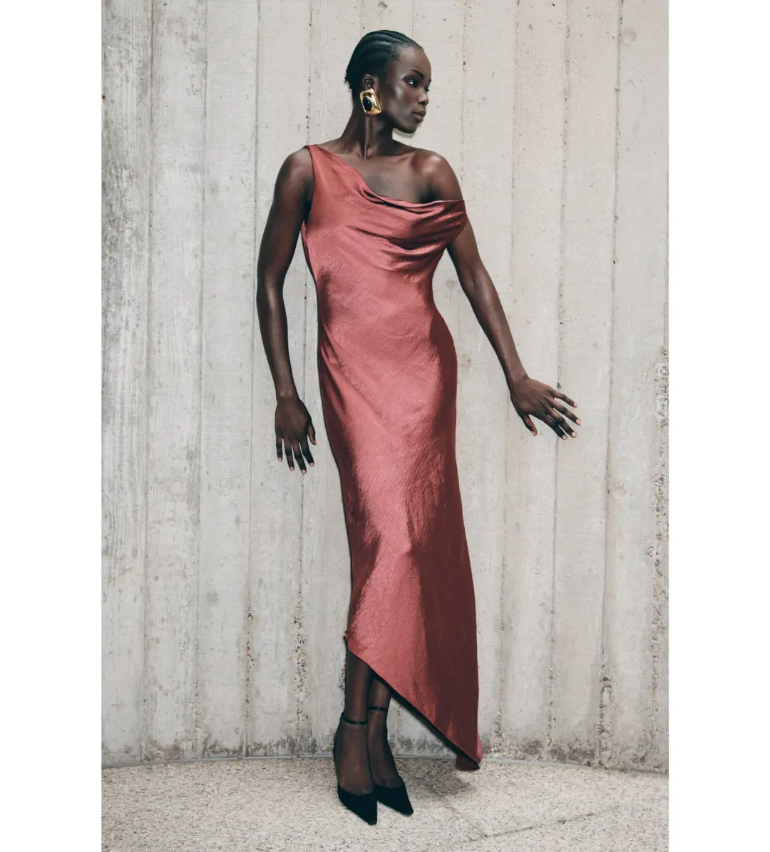 MESHKI Yvette Slip Maxi Dress With Asymmetrical Hem Brown Cherry Size XS Au 6 for rent on The Volte - main image