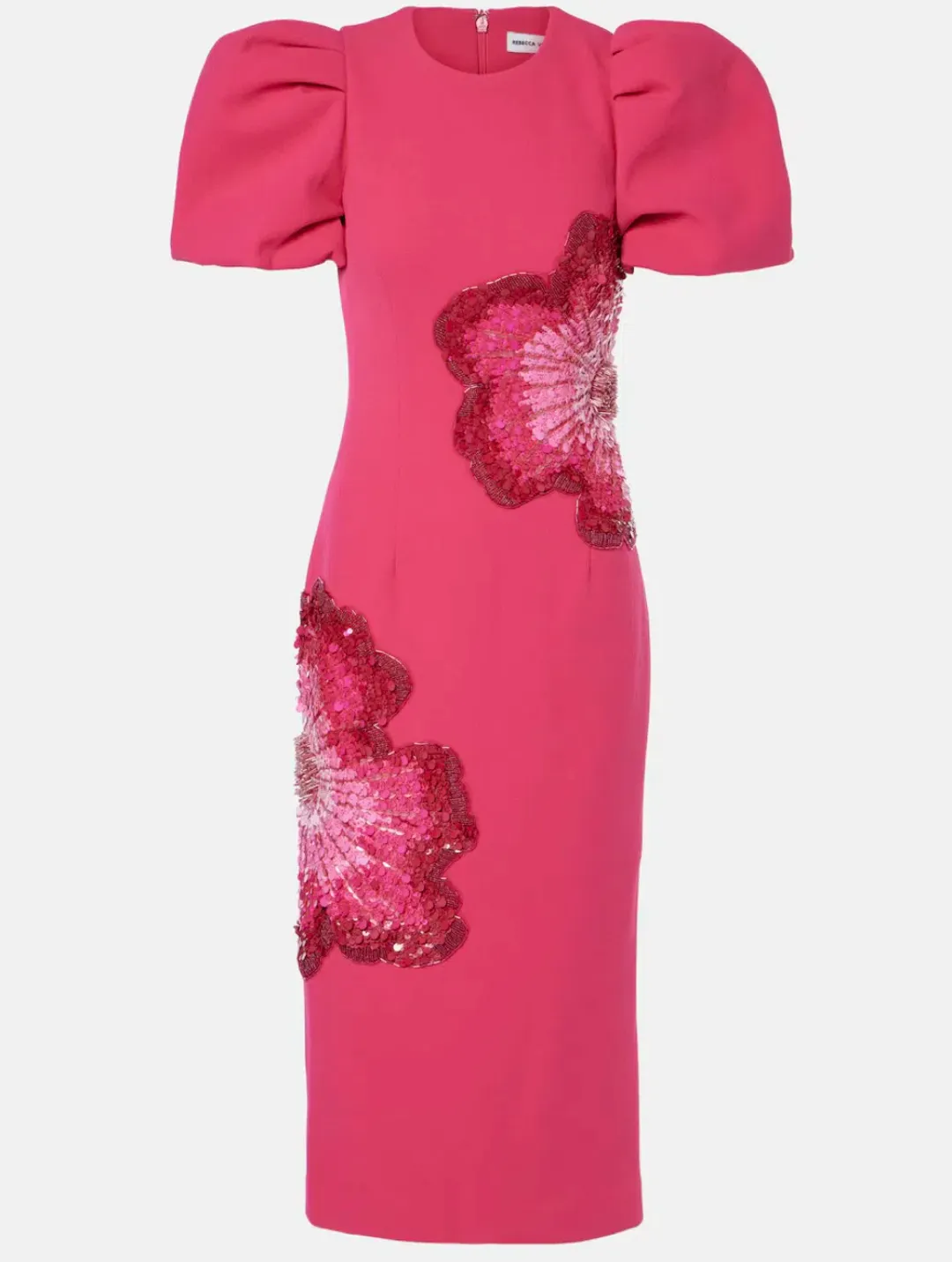Rebecca Vallance Layana Puff-Sleeve Embellished Midi Dress in Pink Size 10 for rent on The Volte - main image