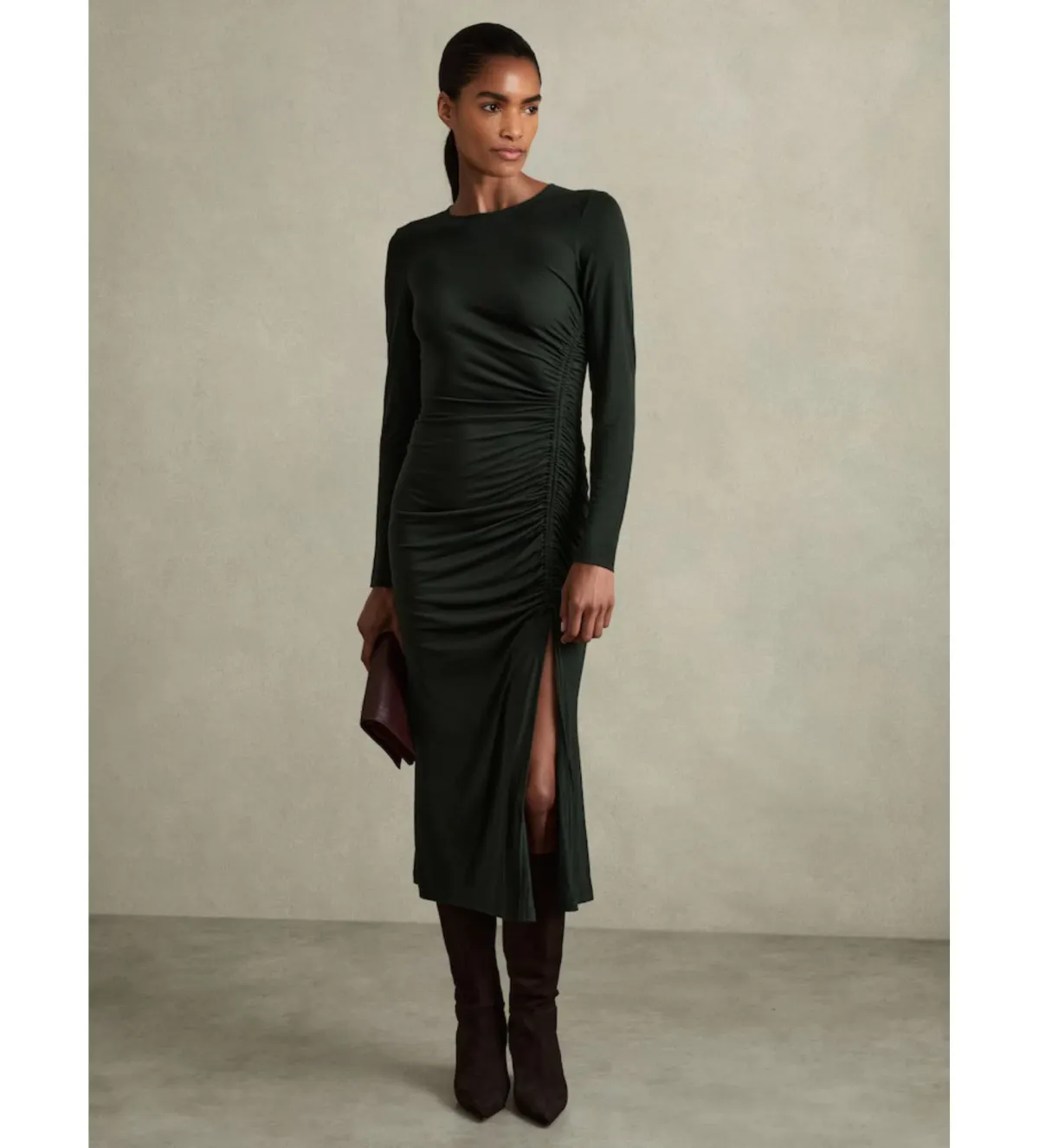 Reiss Rosie Jersey Ruched Midi Dress Dark Green Size 14/XL for rent on The Volte - main image
