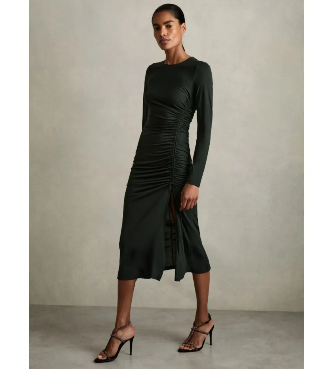 Reiss Rosie Jersey Ruched Midi Dress Dark Green Size 14/XL for rent on The Volte - main image