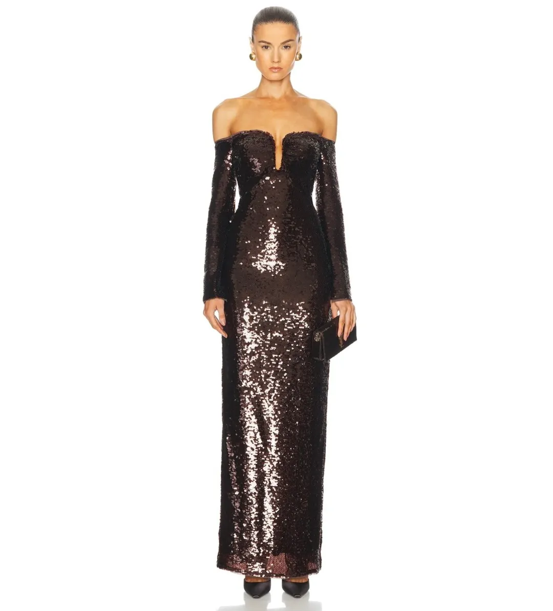Self Portrait Sequin Off-Shoulder Maxi Dress Cedar Brown Size AU 12 for rent on The Volte - main image
