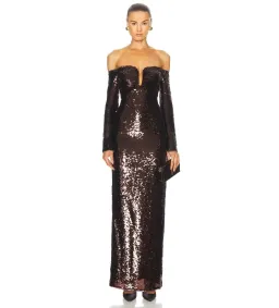 Self Portrait Sequin Off-Shoulder Maxi Dress Cedar Brown Size AU 12 for rent on The Volte - image 1