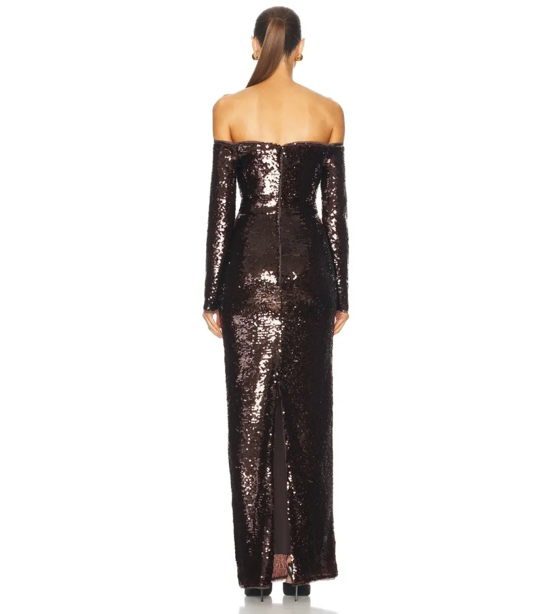 Self Portrait Sequin Off-Shoulder Maxi Dress Cedar Brown Size AU 12 for rent on The Volte - main image