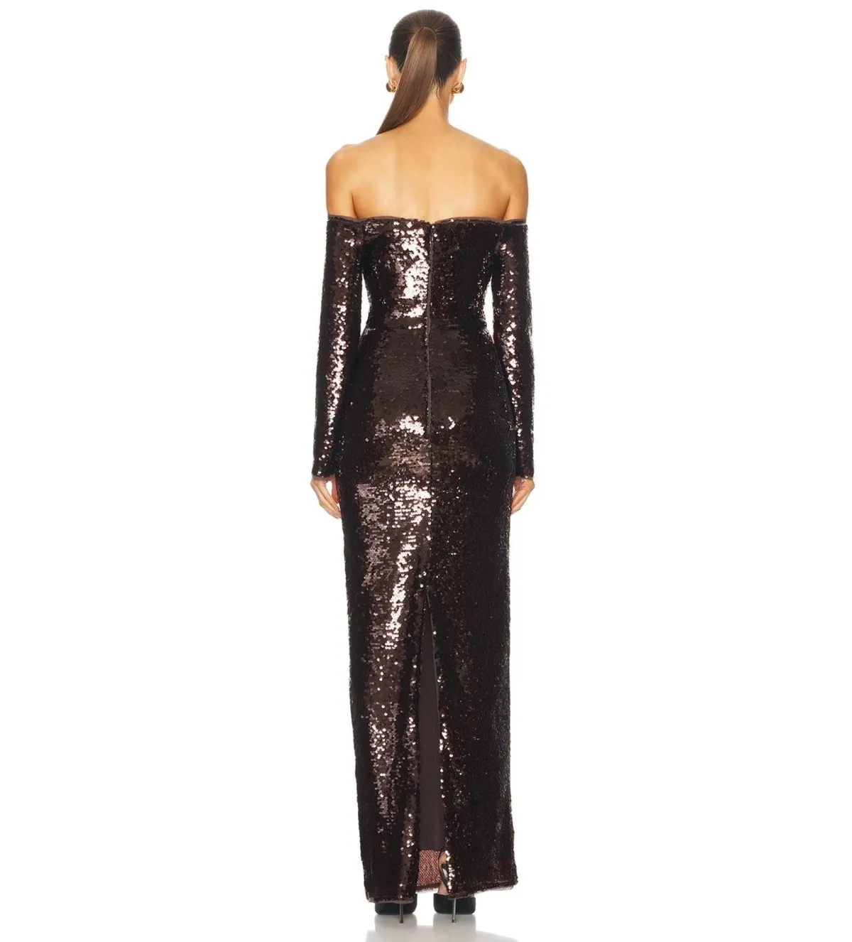 Self Portrait Sequin Off-Shoulder Maxi Dress Cedar Brown Size AU 12 - Image 3