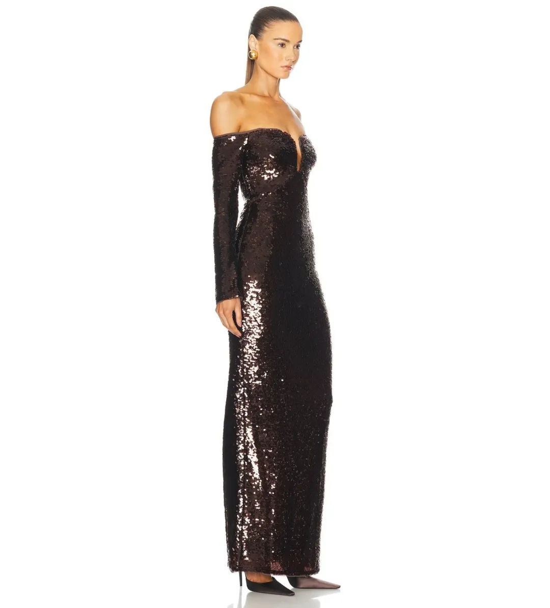 Self Portrait Sequin Off-Shoulder Maxi Dress Cedar Brown Size AU 12 for rent on The Volte - main image