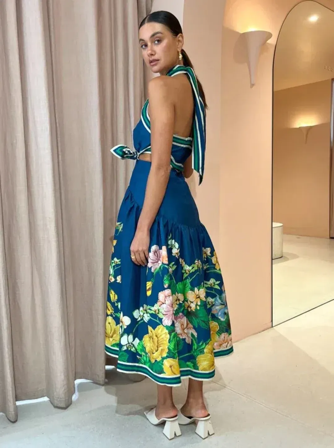 Alemais Lyla Halter Midi Dress Blue Size AU 6 for rent on The Volte - main image