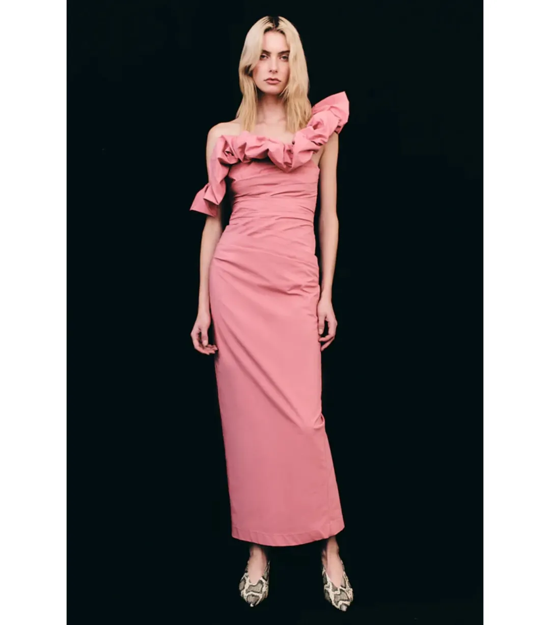 Shona Joy Campbell Ruffle Draped Maxi Dress in Bubblegum Size AU 10 for rent on The Volte - main image