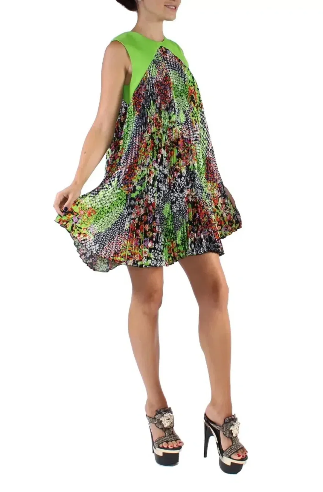 Versace Green Multicolor Plisse Tent Mini Dress Sleeveless Made in Italy Size 38 for rent on The Volte - main image