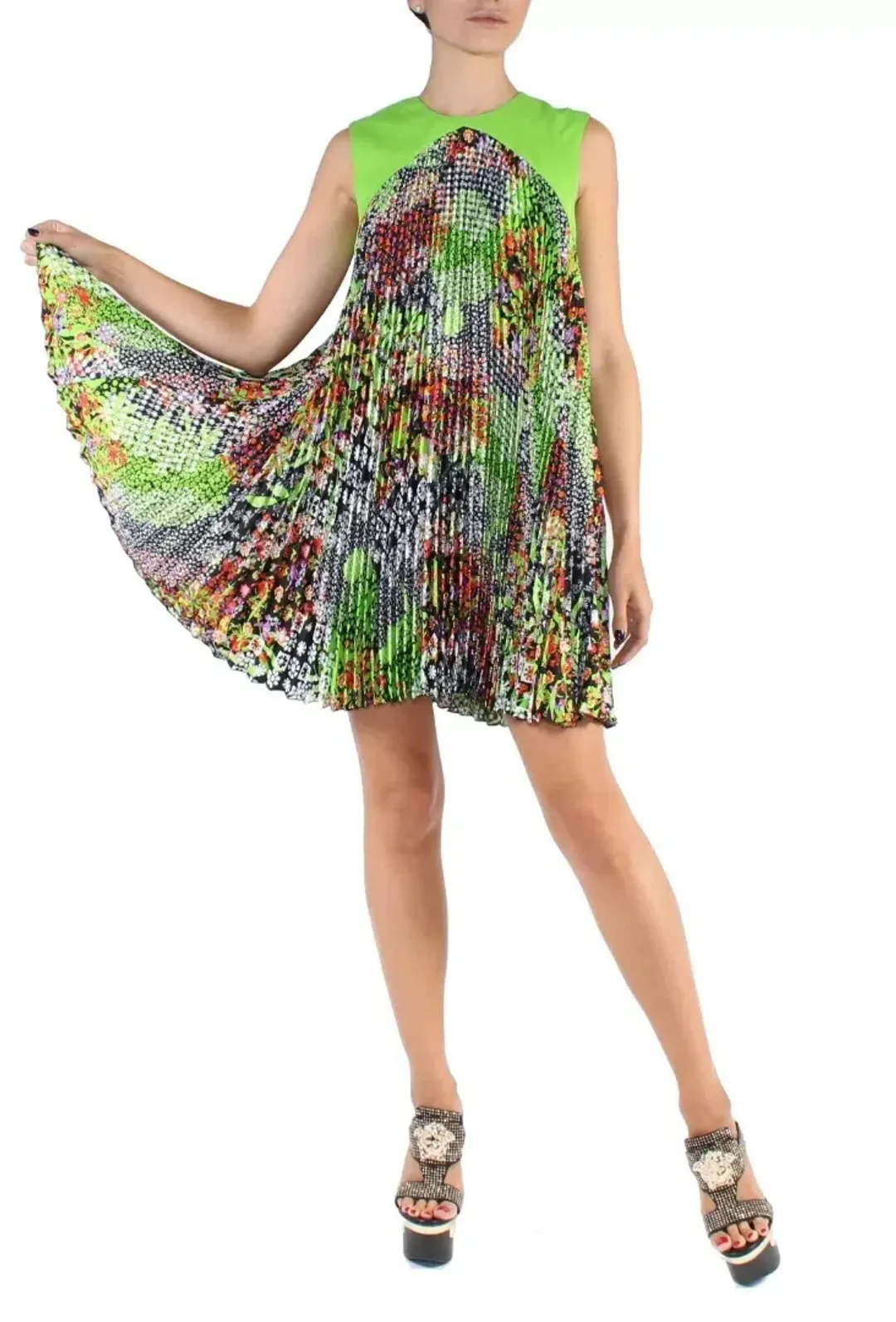 Versace Green Multicolor Plisse Tent Mini Dress Sleeveless Made in Italy Size 38 for rent on The Volte - main image