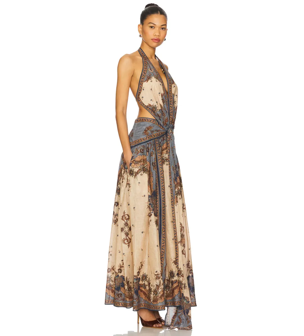 Zimmermann Ascension Plunge Halter Maxi Dress in Blue & Cream Indienne Floral Size 1/ AU 10 - Image 2