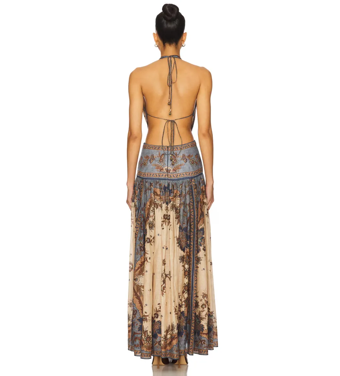 Zimmermann Ascension Plunge Halter Maxi Dress in Blue & Cream Indienne Floral Size 1/ AU 10 for rent on The Volte - main image