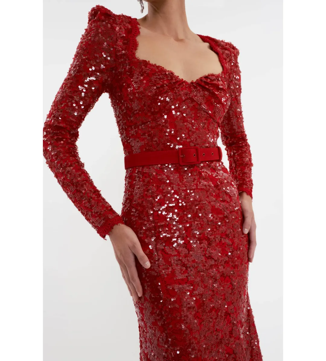 Rebecca Vallance Leyla Long Sleeve Midi Dress in Red Sequin Size AU 10 for rent on The Volte - main image