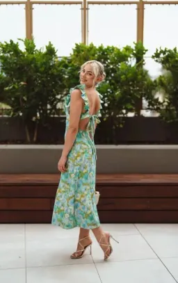 Zimmermann High Tide Frilled Midi Dress Aqua Ikat Floral Size 1 / AU 10 for rent on The Volte - image 4