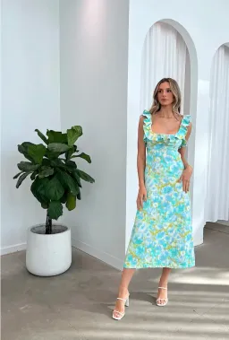 Zimmermann High Tide Frilled Midi Dress Aqua Ikat Floral Size 1 / AU 10 for rent on The Volte - image 1