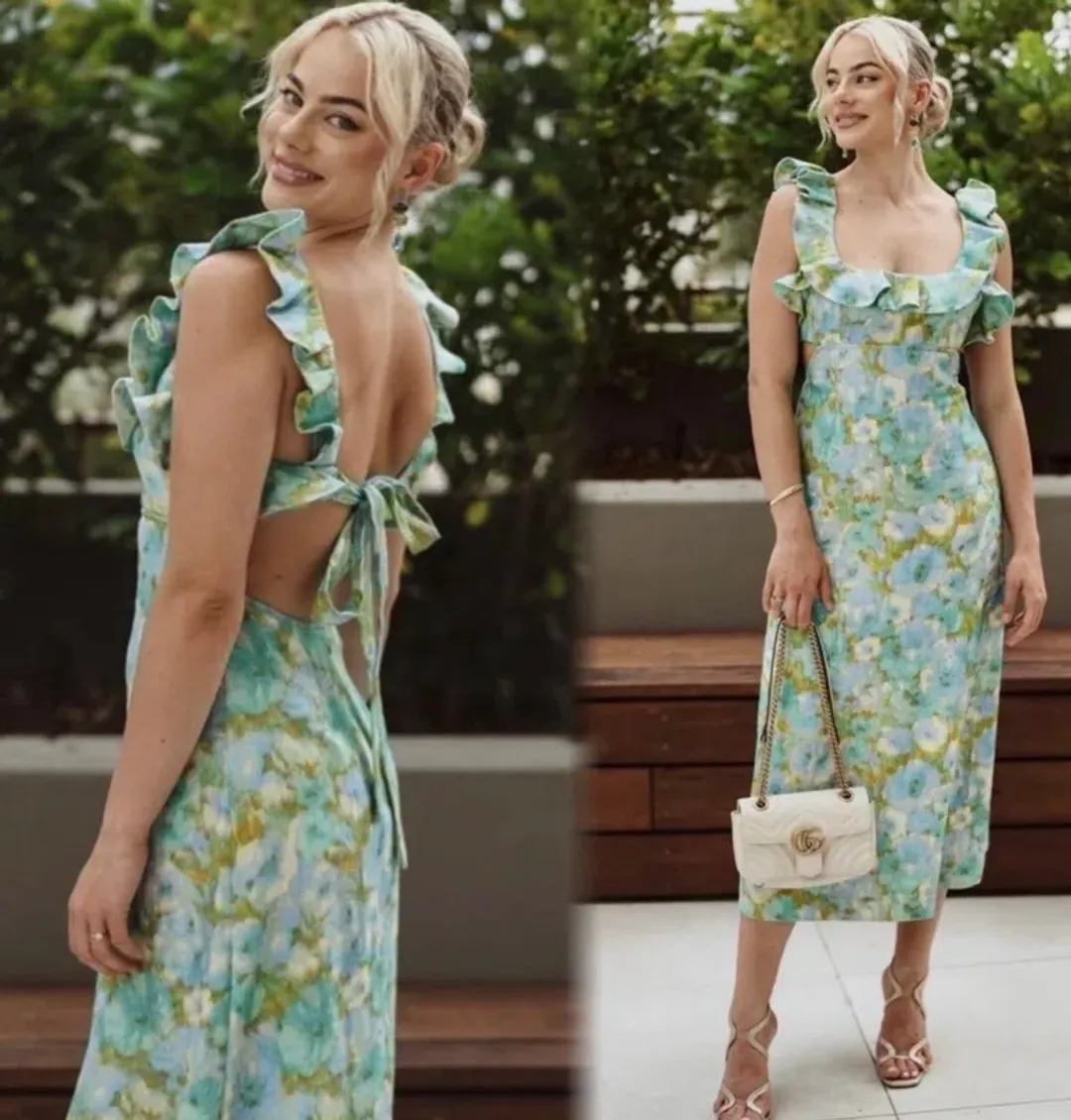 Zimmermann High Tide Frilled Midi Dress Aqua Ikat Floral Size 1 / AU 10 for rent on The Volte - main image