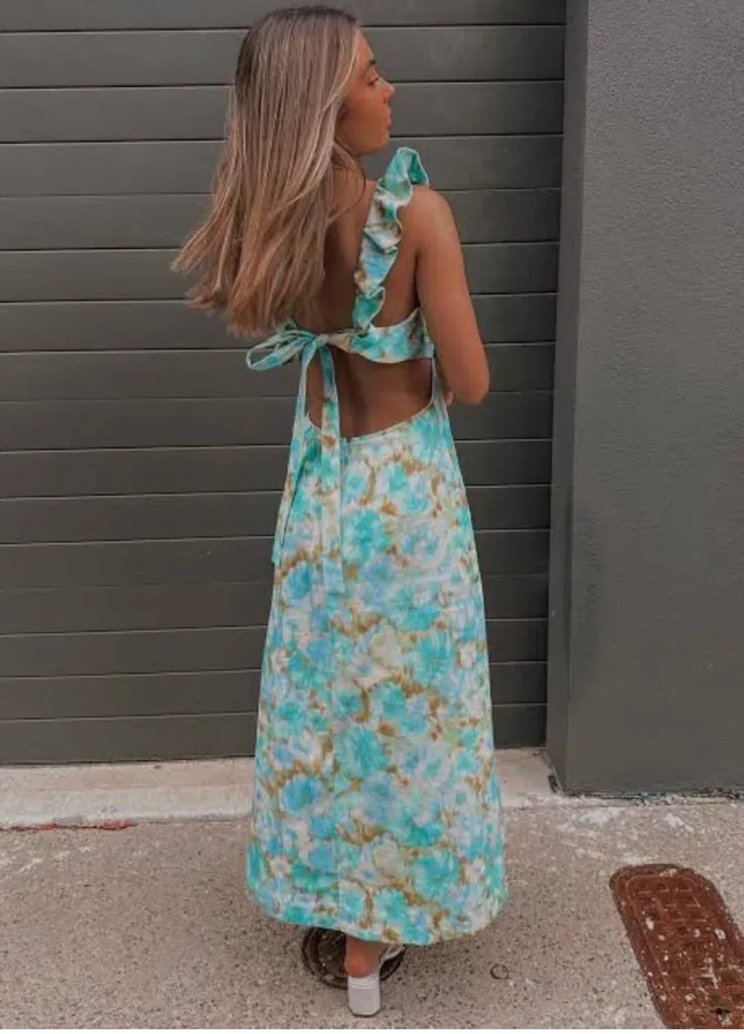 Zimmermann High Tide Frilled Midi Dress Aqua Ikat Floral Size 1 / AU 10 for rent on The Volte - main image