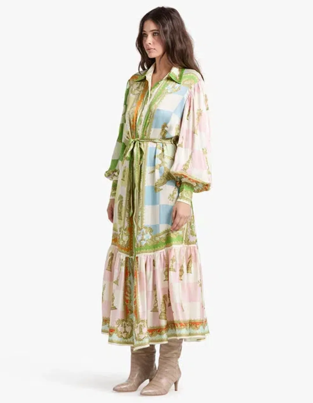 Alemais Checkmate Silk Shirtdress Maxi Dress Multi Print Size 14 for rent on The Volte - main image