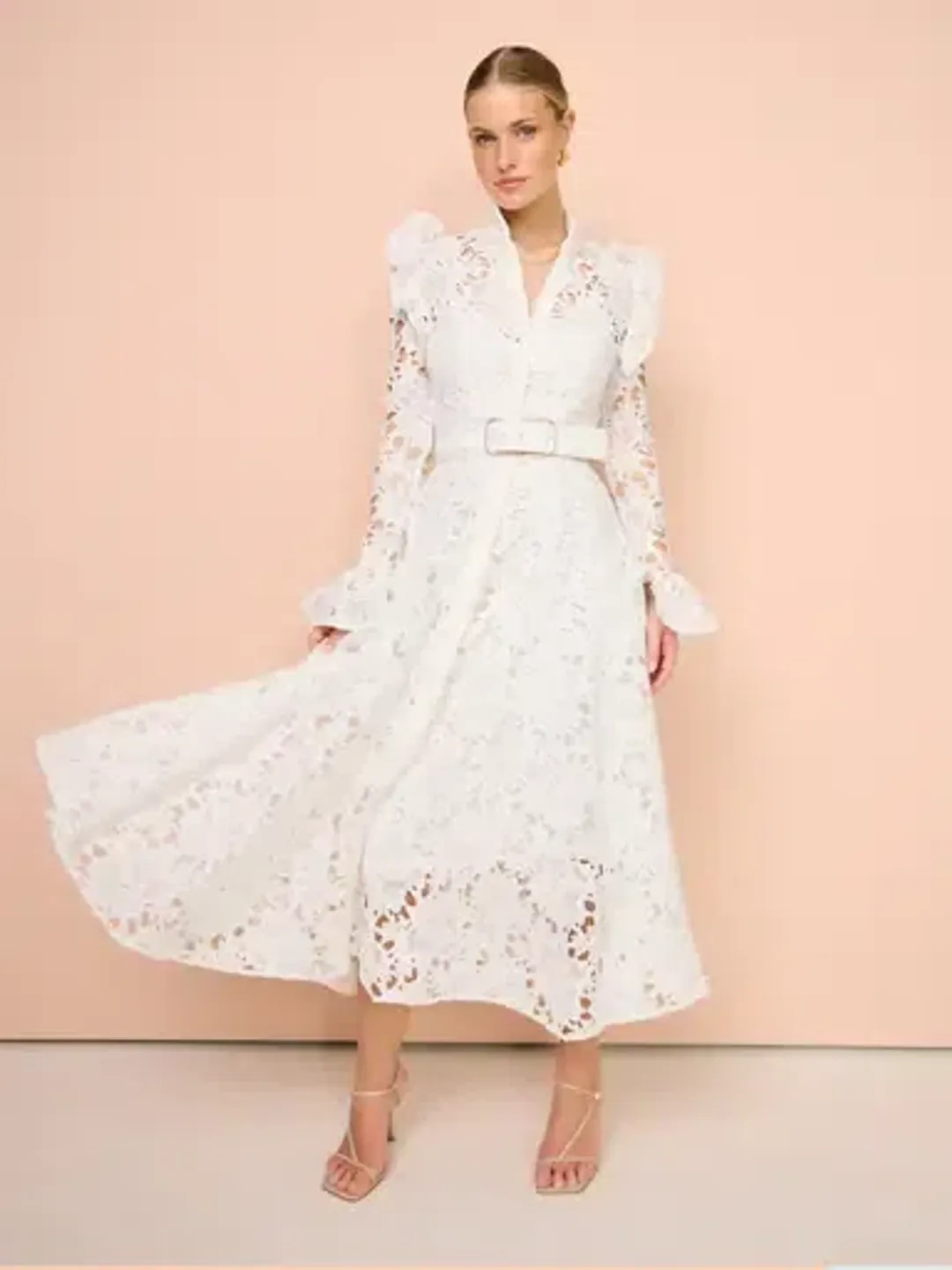 Leo Lin Aliyah Lace Butterfly Sleeve Midi Dress in Snow / White Size 10 for rent on The Volte - main image