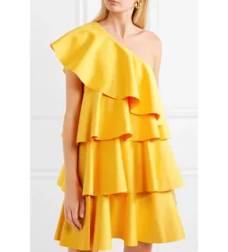 Solace London Tiered Ruffled Crepe Mini Dress Yellow Size 10 for rent on The Volte - image 3