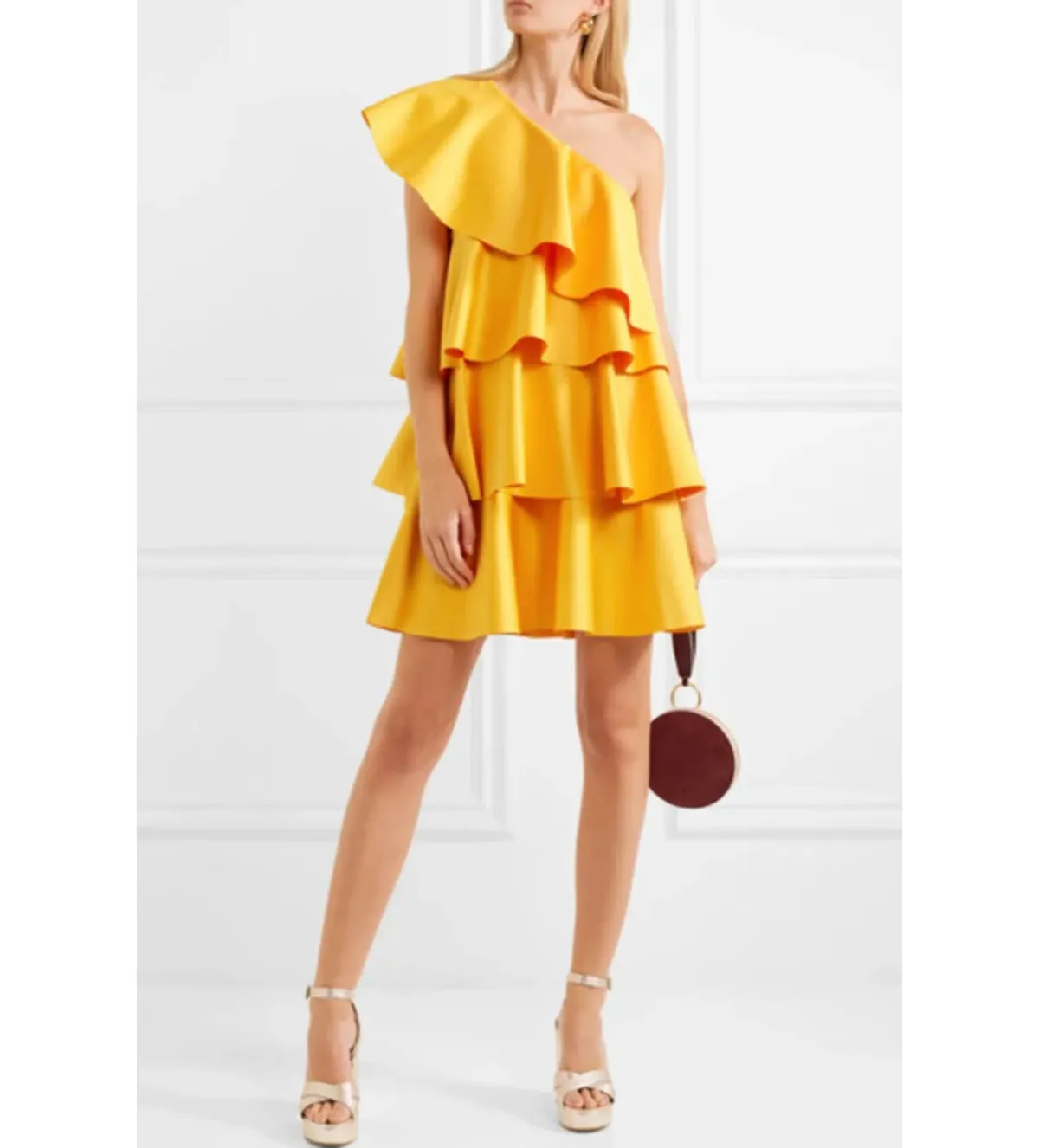 Solace London Tiered Ruffled Crepe Mini Dress Yellow Size 10 for rent on The Volte - main image