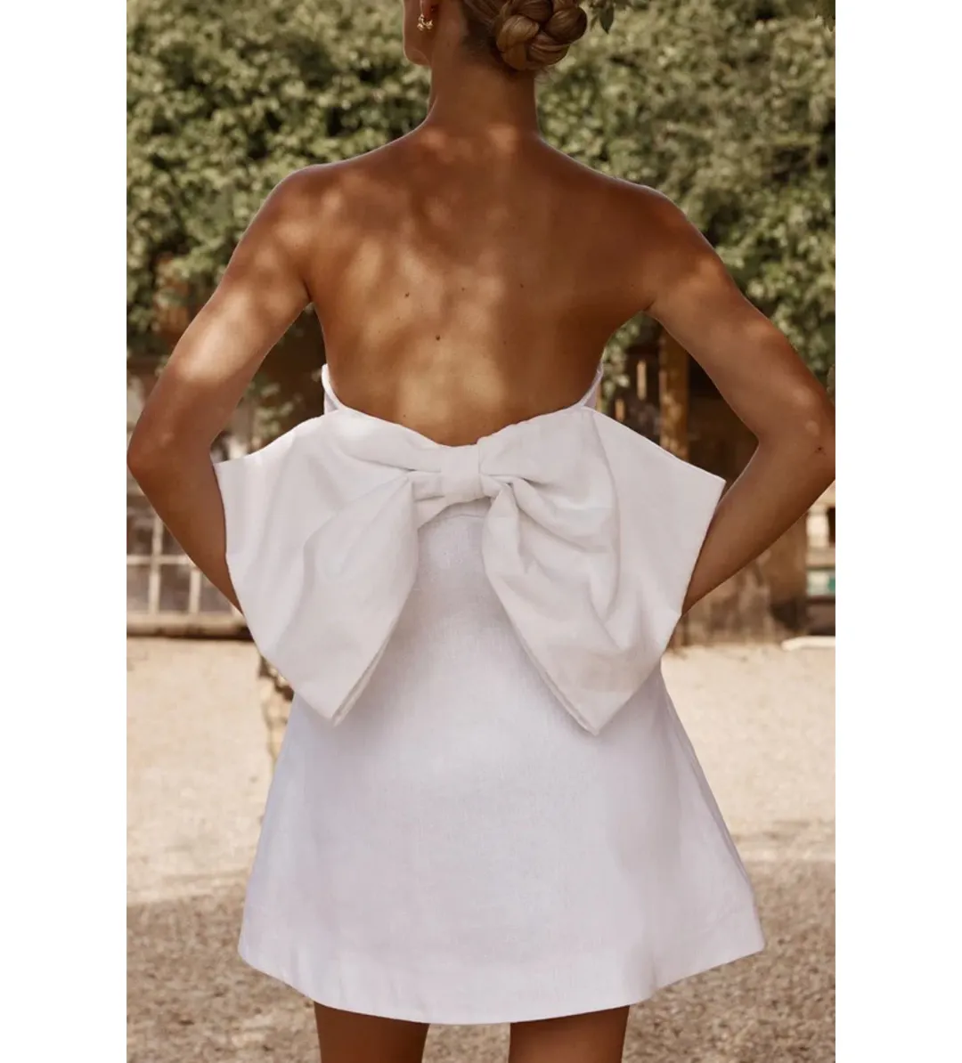 DISSH Aisle Linen Back Bow Mini Dress White Size AU 12 for rent on The Volte - main image