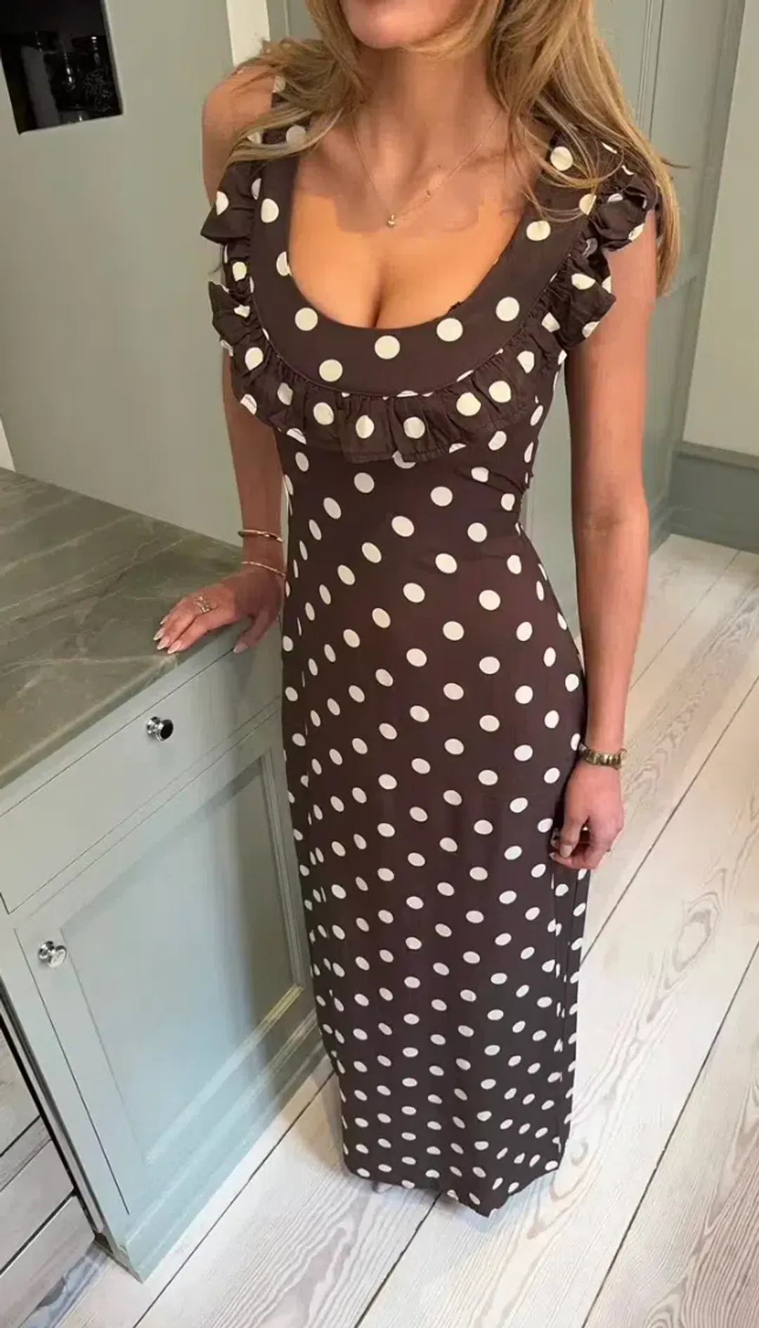 Design By Si Luna Dress with Polka Dots Maxi Brown Size AU 8 for rent on The Volte - main image